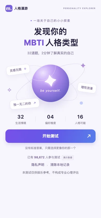 MBTI 性格测试项目界面预览,非微信真机截图